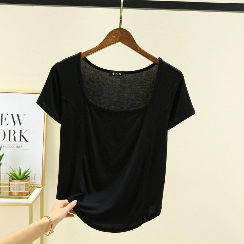 Black Modal Square Collar Short-Sleeved T-Shirt For Women Summer Slim-Fit Off-The-Collarbone Top French Half-Sleeve Base - Image 1