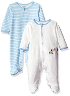 Little Me Little Me Baby Girls' 2-Pack of Scratch Free Tag 100% Cotton Footies, Light Blue Stripe, 6 Months  - Image 1