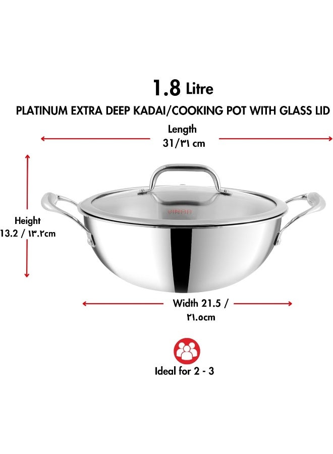 VINOD Platinum Triply Stainless Steel Extra Deep Kadai with Glass Lid - 1.8 L, 20 cm | 2.5mm  Base, Even Heating, Less Oil Healthy Cooking, Heavy Bottom Induction Cookware Kadhai for Cooking & Frying - Image 3