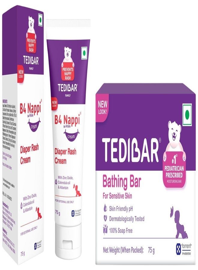 Tedibar Moisturising Baby Bathing Bar 75g(Pack of 1) with Skin Friendly PH with B4 Nappi Cream TEDIBAR B4 Nappi Diaper Rash Cream for Babies 75g | Soothes and moiturises baby's Nappy Area - Image 1