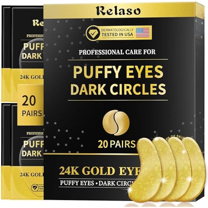 Relaso Under Eye Patches, Dermatology Golden Eye Mask with Amino Acid & Collagen, Cooling Eye Care for Wrinkles, Puffy Eyes & Dark Circles, Skincare Treatment, Gift for Women, 20 Pairs - Image 2