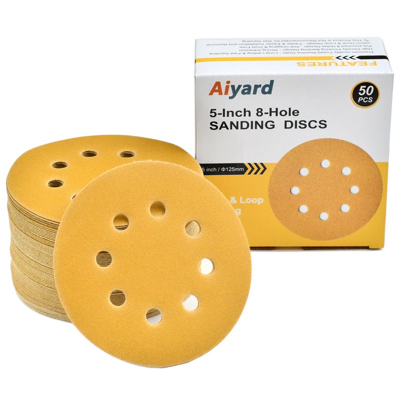 Aiyard 5-Inch 8-Hole Hook and Loop Sanding Discs 220-Grit Random Orbit Sandpaper, 50-Pack - Image 1