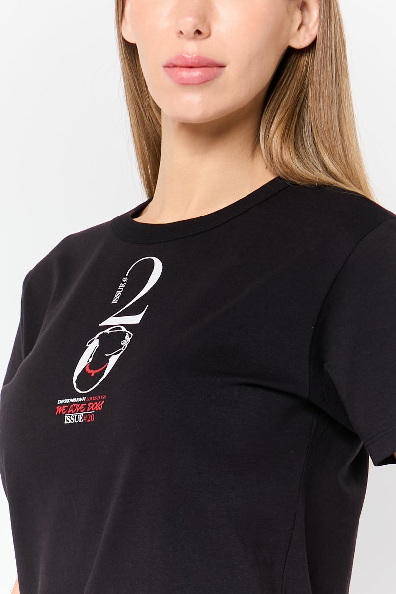 armani Emporio Armani Women Crew Neck Short Sleeve Graphic Print T-Shirt, Black - Image 3