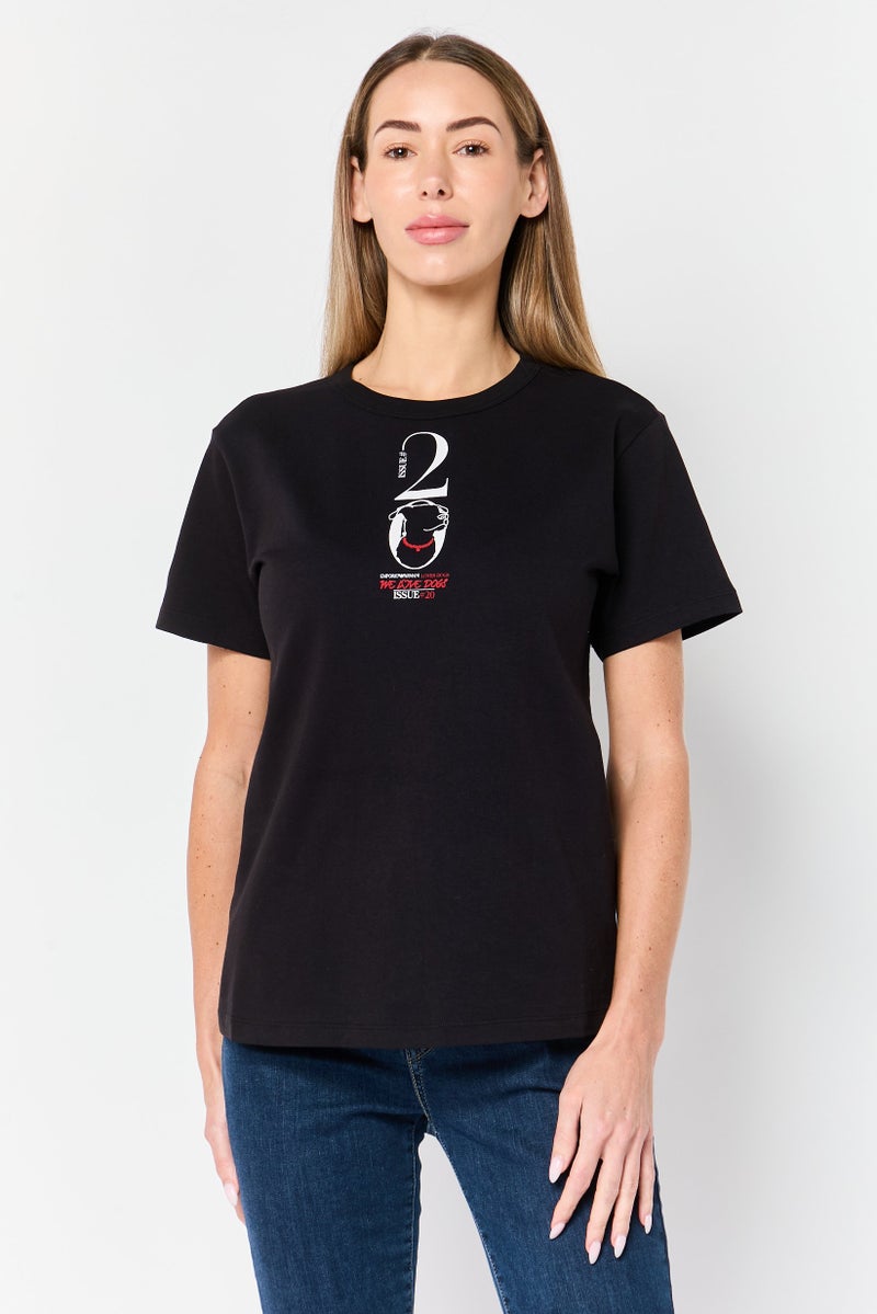 armani Emporio Armani Women Crew Neck Short Sleeve Graphic Print T-Shirt, Black - Image 1