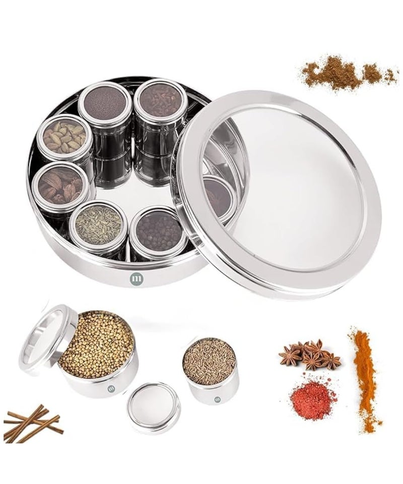 MARU 9 in 1 Spice Box Steel stylish Extra Large | Masala Box for Kitchen Steel | Durable Masala Dabba | Masala Dani with See-Through Individual Lids, 9 Organizing Spices and Herbs (22.5cms) Silver - Image 1