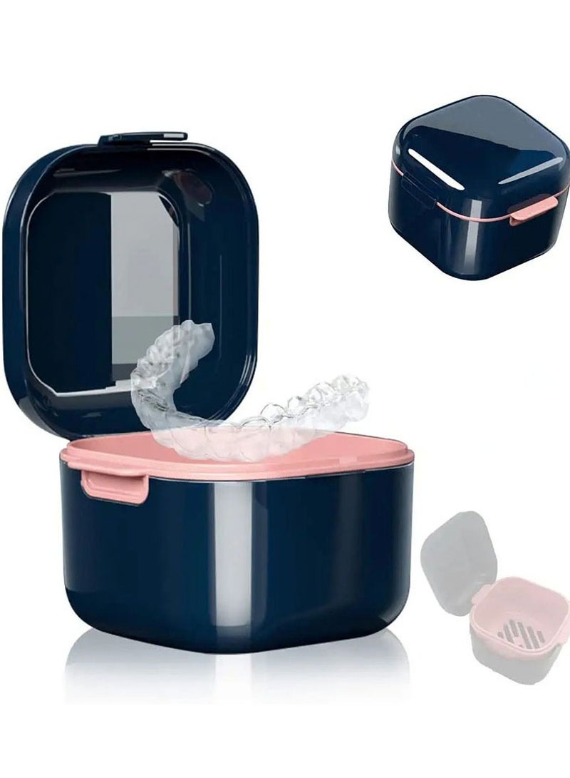 Retainer Case Kit with Strainer, Large Mouth Guard Lid Hinge, Storage Soak Container, Denture for Cleaning, Orthodontic Dental Box Household Office Travel (Blue) - Image 1