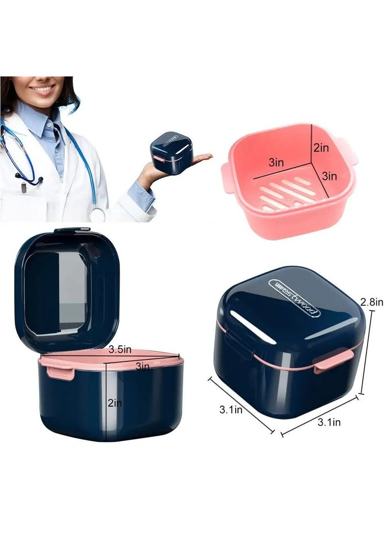 Retainer Case Kit with Strainer, Large Mouth Guard Lid Hinge, Storage Soak Container, Denture for Cleaning, Orthodontic Dental Box Household Office Travel (Blue) - Image 4