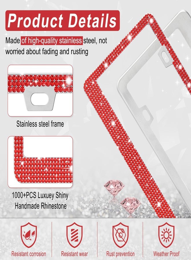 Amiss Bling License Plate Frame for Women, 2Pack Rhinestone Handcrafted Crystal Premium Stainless Steel, Stainless Steel Car Accessories with Diamond Sparkle Glitter Caps (Red) - Image 3