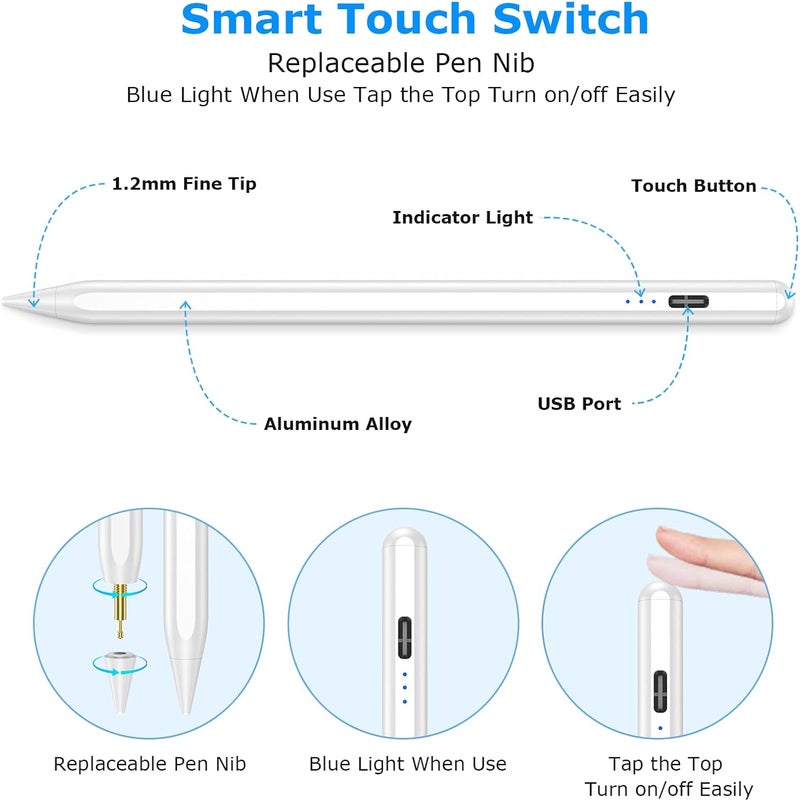 هوت لايف قلم ستايلس لجهاز iPad، قلم Apple Pencil لجهاز iPad الجيل التاسع، قلم ستايلس متوافق مع (2018-2022) Apple iPad Pro 11 و12.9 بوصة، iPad Mini الجيل السادس/الخامس، iPad Air 3/4/5، iPad الجيل السادس/السابع/الثامن للكتابة/الرسم - Image 3