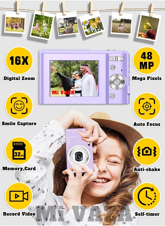 Autofocus Digital Camera for Kids - FHD 1080P 48MP - Rechargeable Compact Mini Camera with 16X Digital - Portable Pocket Camera - With 32GB Memory Card 