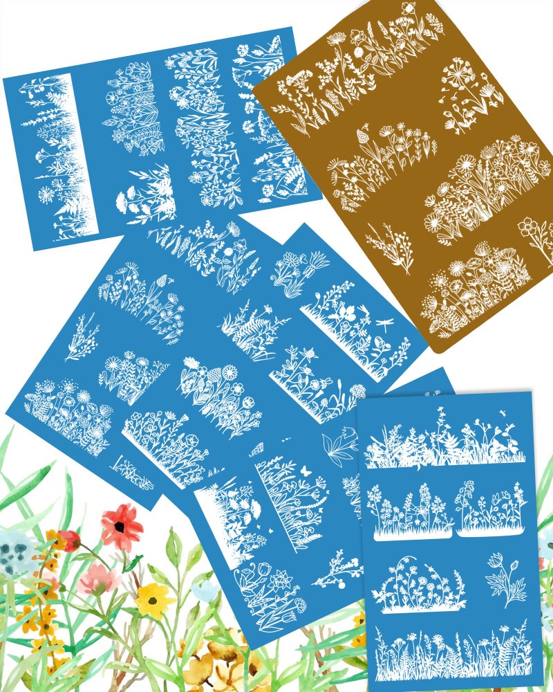 Puocaon Wildflower Clay Silkscreen Stencils - 6 Pcs Reusable Polymer Clay Silk Screen Stencils Flower Pattern, Floral Bouquet Silk Screen for Earrings Design - Image 5