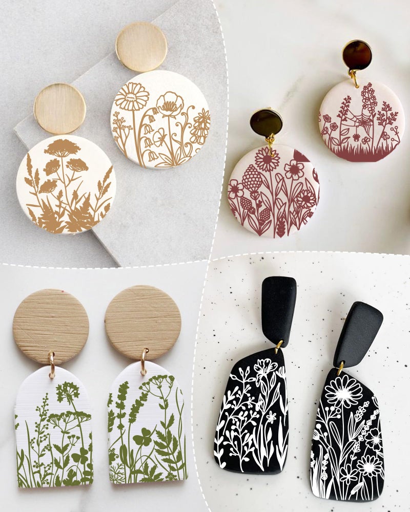 Puocaon Wildflower Clay Silkscreen Stencils - 6 Pcs Reusable Polymer Clay Silk Screen Stencils Flower Pattern, Floral Bouquet Silk Screen for Earrings Design - Image 4