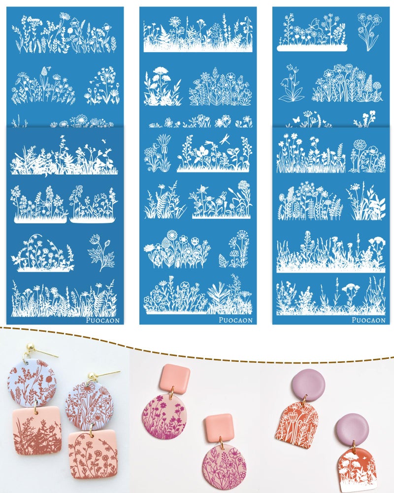 Puocaon Wildflower Clay Silkscreen Stencils - 6 Pcs Reusable Polymer Clay Silk Screen Stencils Flower Pattern, Floral Bouquet Silk Screen for Earrings Design - Image 1