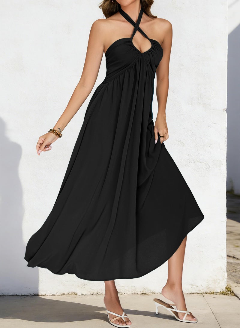 RANPHEE Black Maxi Dress Women Sexy Long Summer Halter Backless Boho A Line Beach Empire Waist Floor Length Open Back Dresses Vestidos Verano Mujer 2026 S - Image 3