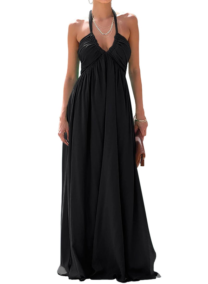 RANPHEE Black Maxi Dress Women Sexy Long Summer Halter Backless Boho A Line Beach Empire Waist Floor Length Open Back Dresses Vestidos Verano Mujer 2026 S - Image 1