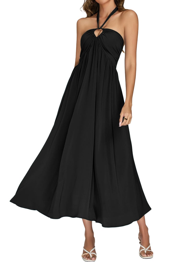 RANPHEE Black Maxi Dress Women Sexy Long Summer Halter Backless Boho A Line Beach Empire Waist Floor Length Open Back Dresses Vestidos Verano Mujer 2026 S - Image 2