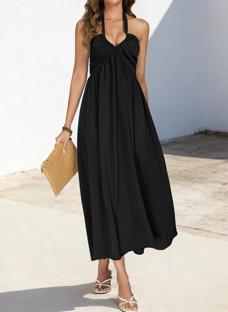 RANPHEE Black Maxi Dress Women Sexy Long Summer Halter Backless Boho A Line Beach Empire Waist Floor Length Open Back Dresses Vestidos Verano Mujer 2026 S - Image 4