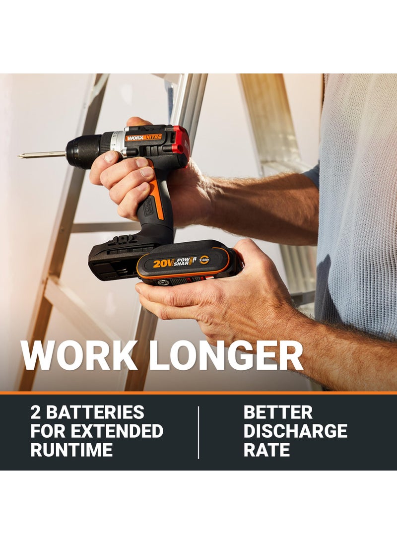 WORX Worx Nitro 20V Cordless 1/2" Drill Driver with Brushless Motor, Compact & Lightweight Drill Set Only 6" and 3 lbs., Cordless Drill Power Share Compatible WX130L – Batteries & Charger Included  - Image 5