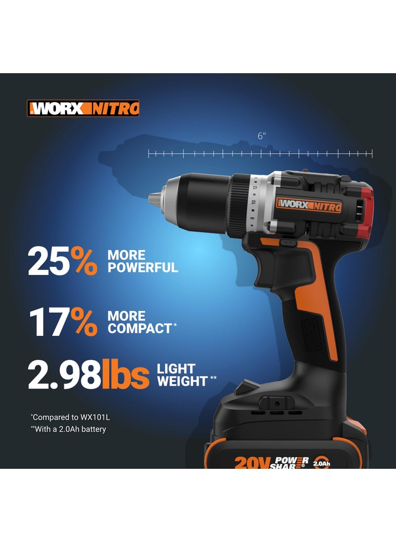 WORX Worx Nitro 20V Cordless 1/2" Drill Driver with Brushless Motor, Compact & Lightweight Drill Set Only 6" and 3 lbs., Cordless Drill Power Share Compatible WX130L – Batteries & Charger Included  - Image 3