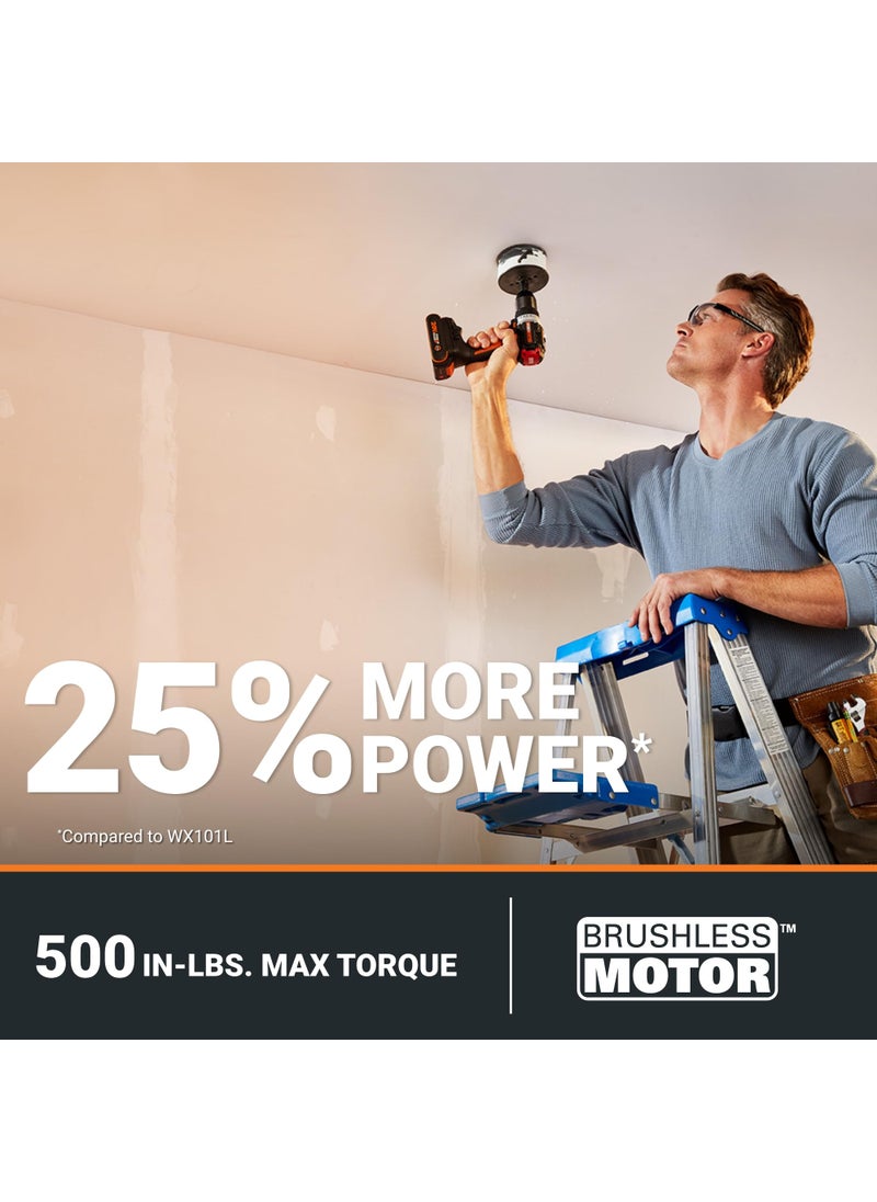 WORX Worx Nitro 20V Cordless 1/2" Drill Driver with Brushless Motor, Compact & Lightweight Drill Set Only 6" and 3 lbs., Cordless Drill Power Share Compatible WX130L – Batteries & Charger Included  - Image 2