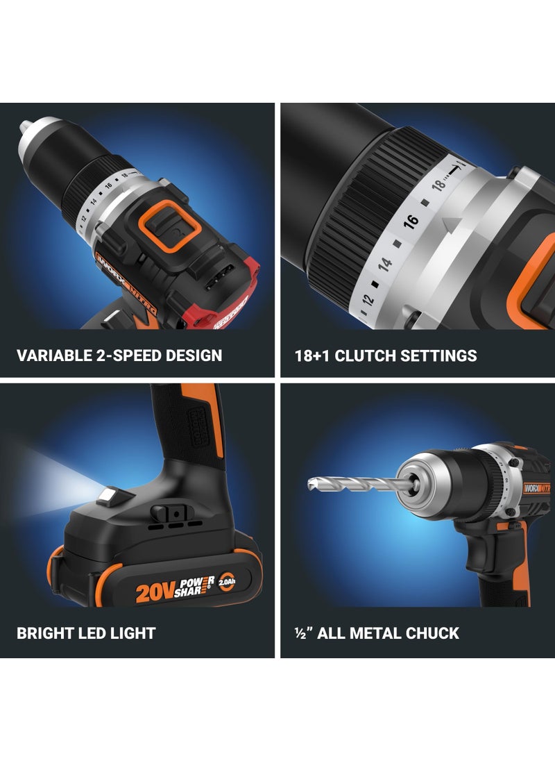 WORX Worx Nitro 20V Cordless 1/2" Drill Driver with Brushless Motor, Compact & Lightweight Drill Set Only 6" and 3 lbs., Cordless Drill Power Share Compatible WX130L – Batteries & Charger Included  - Image 4