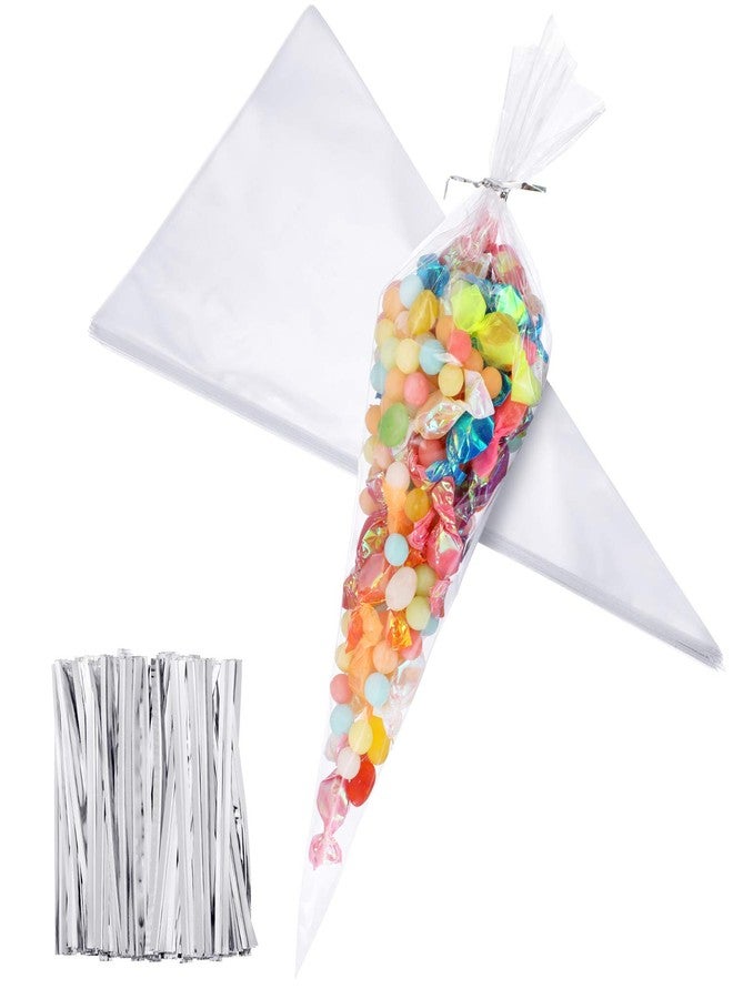 Outus 100 Pcs 7 x 12 Inch Easter Cone Shaped Treat Bag Clear Cello Cellophane Medium Transparent Sweet Popcorn Candy Bags with 100 Pieces Twist Ties for Party Favor (Silver Twist Ties) - Image 1