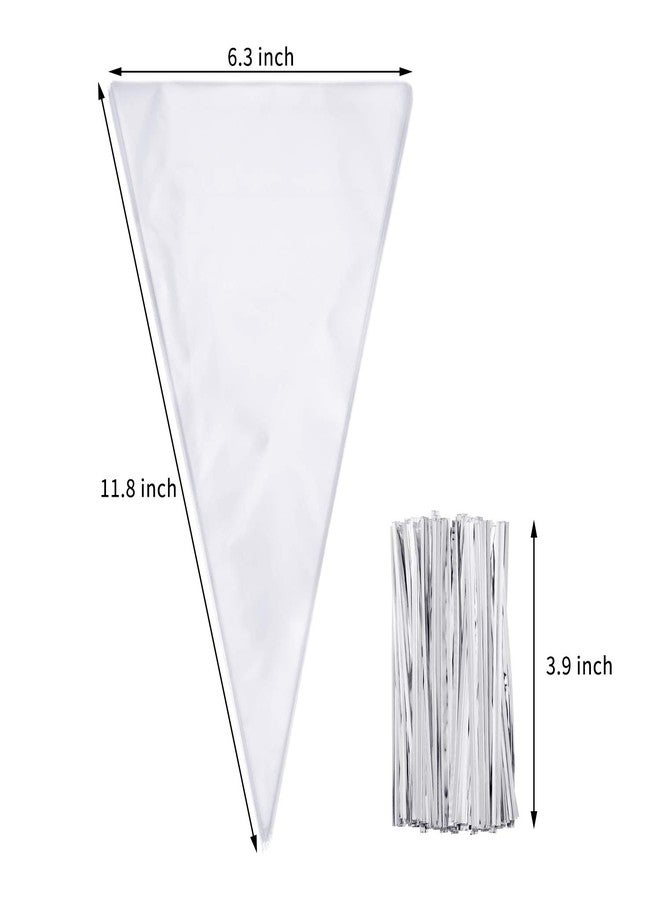 Outus 100 Pcs 7 x 12 Inch Easter Cone Shaped Treat Bag Clear Cello Cellophane Medium Transparent Sweet Popcorn Candy Bags with 100 Pieces Twist Ties for Party Favor (Silver Twist Ties) - Image 2