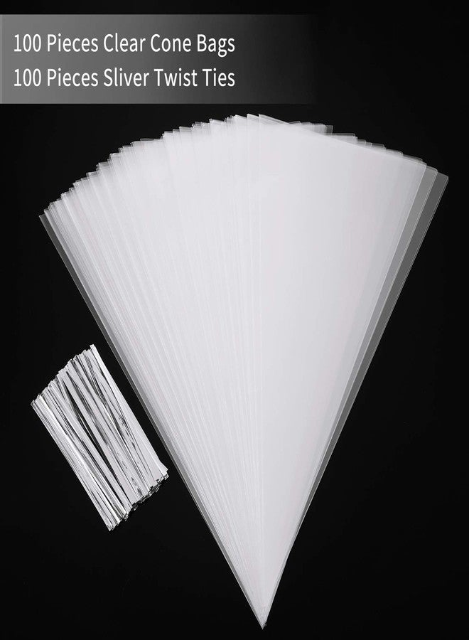Outus 100 Pcs 7 x 12 Inch Easter Cone Shaped Treat Bag Clear Cello Cellophane Medium Transparent Sweet Popcorn Candy Bags with 100 Pieces Twist Ties for Party Favor (Silver Twist Ties) - Image 3