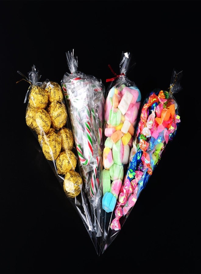 Outus 100 Pcs 7 x 12 Inch Easter Cone Shaped Treat Bag Clear Cello Cellophane Medium Transparent Sweet Popcorn Candy Bags with 100 Pieces Twist Ties for Party Favor (Silver Twist Ties) - Image 5