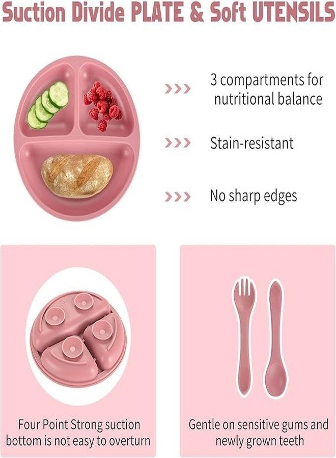 Deoxys Baby Led Weaning Supplies | Silicone Baby Feeding Set Includes Suction Bowls and Plates, Baby Utensils Spoons and Forks,Cup for Toddler | Babies Eating Dishes Set 6-12 Months(Pink - Image 4