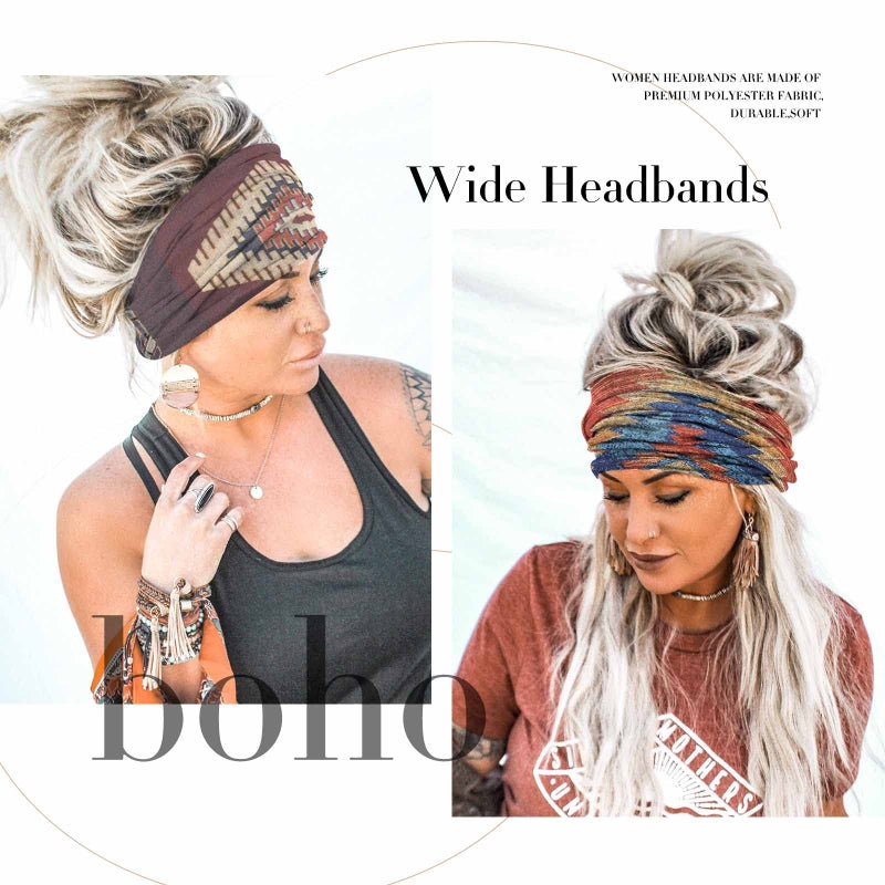 Olbye Boho Headbands Women Wide Head Bands Turban Elastic Nonslip Hairbands Workout Yoga Hair Scarfs Running Sweatband African Bohemian Head Wraps Fashion Hair Accessories for Women (D-Bohemian) - Image 2