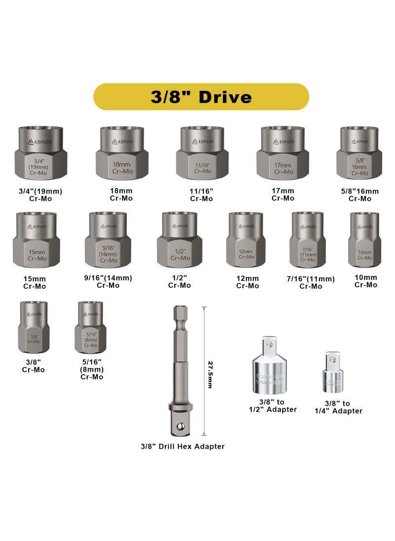 ANPUDS ANPUDS Bolt Extractor Set, 16 Pieces Impact Bolt & Nut Remover Set, Nut Extractor Socket Set, Stripped Lug Nut Remover for Removing Broken, Rounded, Rusted, Frozen, Damaged Nuts Screws & Bolts  - Image 2