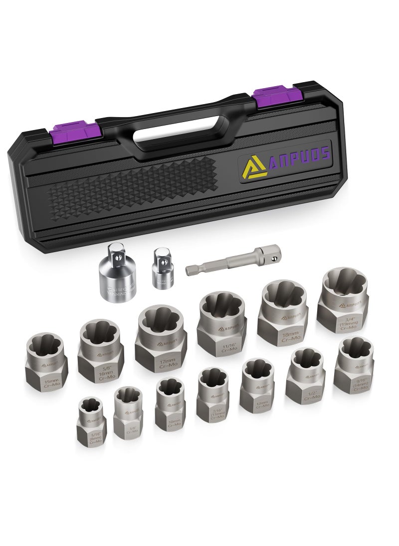 ANPUDS ANPUDS Bolt Extractor Set, 16 Pieces Impact Bolt & Nut Remover Set, Nut Extractor Socket Set, Stripped Lug Nut Remover for Removing Broken, Rounded, Rusted, Frozen, Damaged Nuts Screws & Bolts  - Image 1