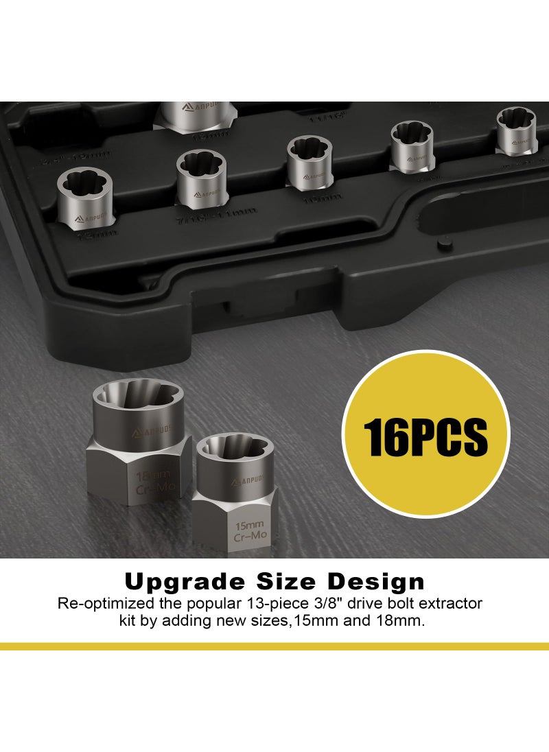 ANPUDS ANPUDS Bolt Extractor Set, 16 Pieces Impact Bolt & Nut Remover Set, Nut Extractor Socket Set, Stripped Lug Nut Remover for Removing Broken, Rounded, Rusted, Frozen, Damaged Nuts Screws & Bolts  - Image 4