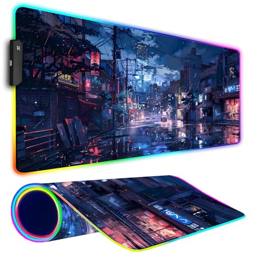 Armanza RGB Gaming Mouse Pad Large Mousepad with Led Light Gaming Accessories Keyboard Pad for Desk NonSlip Rubber Base Big Mouse Mat for Gamer 315 X 118 Inch Japanese Streets - Image 1