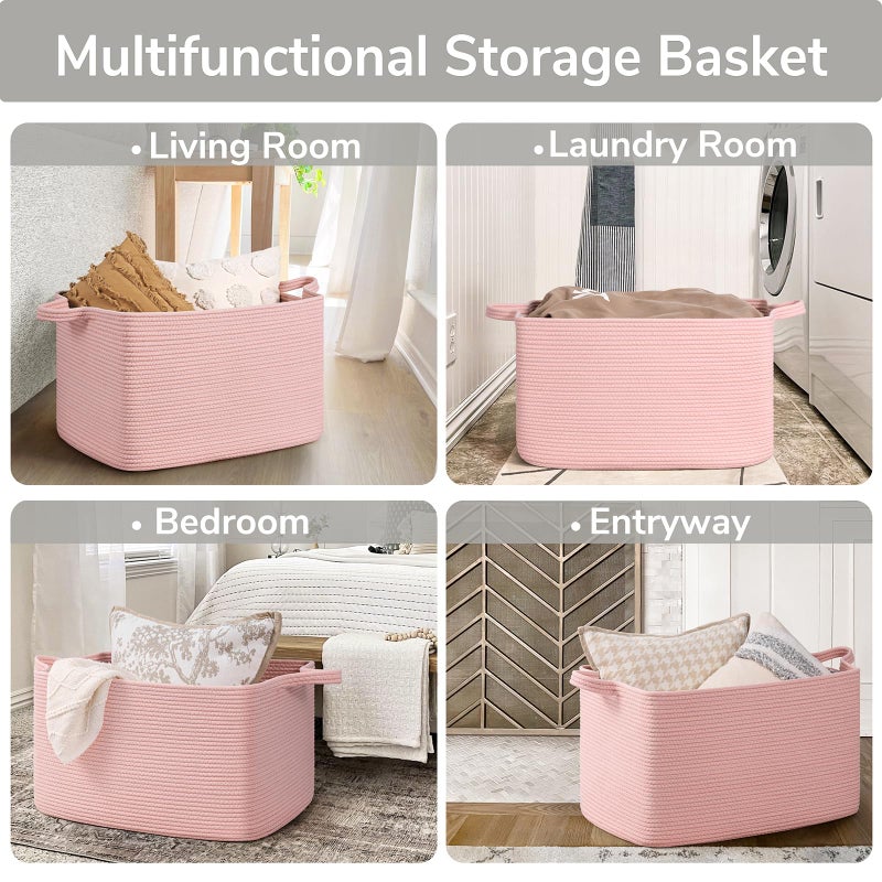 Goodpick Large Blanket Basket, Woven Baskets for Storage, Large Baskets for Organizing, Rectangle Toy Basket for Nursery, Bedroom, 21.6" x 14.9" x 11.8", Pink - Image 4