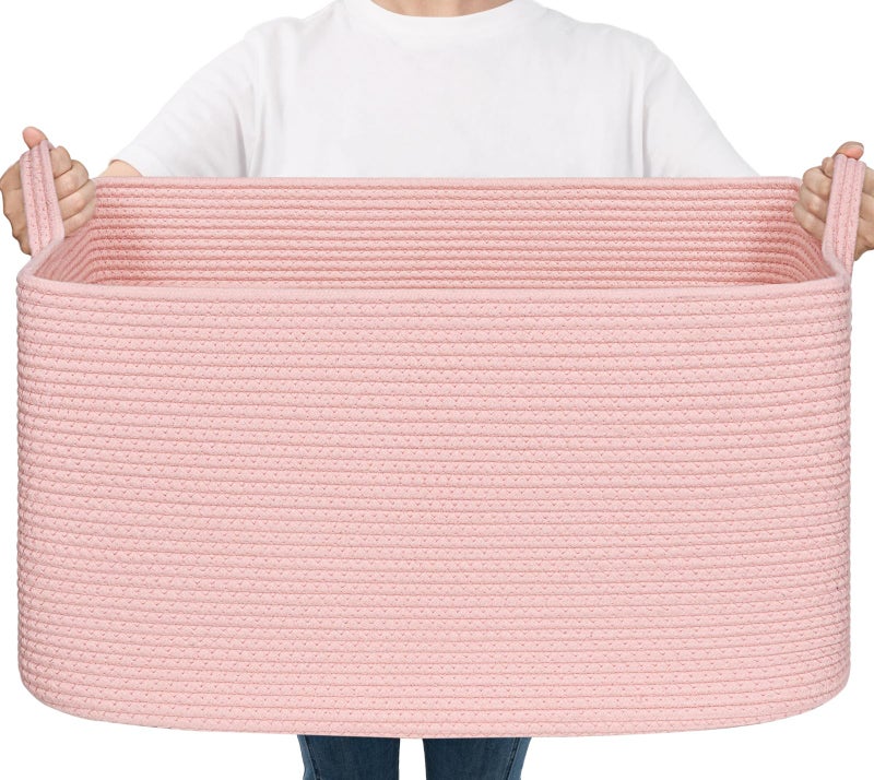 Goodpick Large Blanket Basket, Woven Baskets for Storage, Large Baskets for Organizing, Rectangle Toy Basket for Nursery, Bedroom, 21.6" x 14.9" x 11.8", Pink - Image 1
