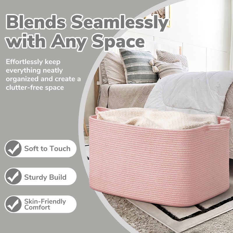 Goodpick Large Blanket Basket, Woven Baskets for Storage, Large Baskets for Organizing, Rectangle Toy Basket for Nursery, Bedroom, 21.6" x 14.9" x 11.8", Pink - Image 5