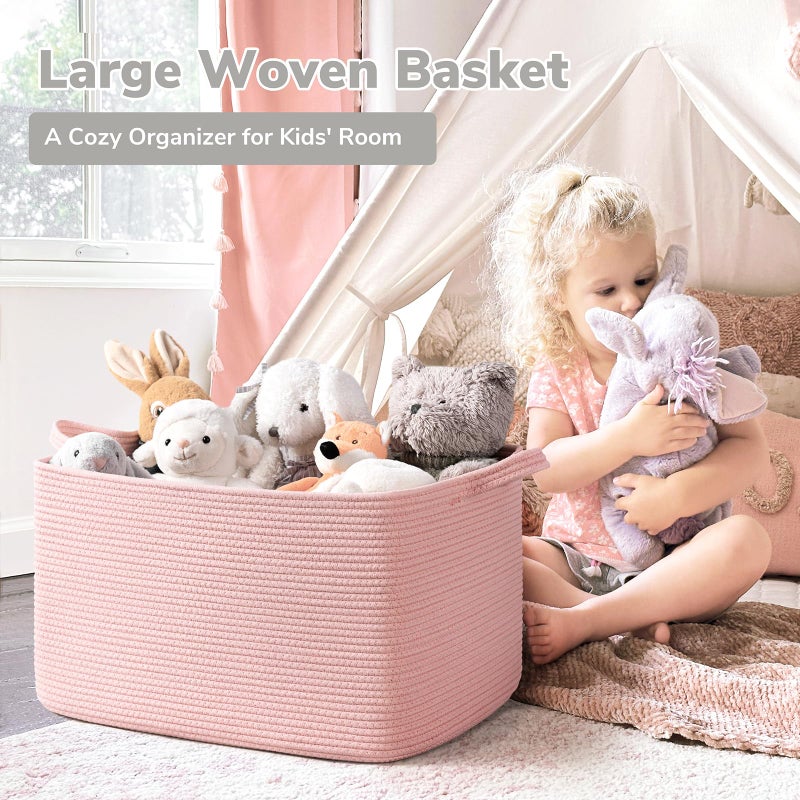 Goodpick Large Blanket Basket, Woven Baskets for Storage, Large Baskets for Organizing, Rectangle Toy Basket for Nursery, Bedroom, 21.6" x 14.9" x 11.8", Pink - Image 2
