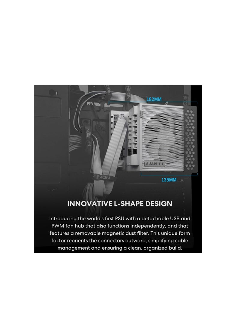 ليان لي امداد طاقة معياري كامل بقدرة 1000 واط (يتضمن موزع USB بمروحة) - ذهبي - ATX 3.1 - دعم PCIE 5.1 - موصل 12 فولت - 2 × 6 - تصميم على شكل حرف L للحافظة المزدوجة - ابيض (EG1000G.WH) - Image 2