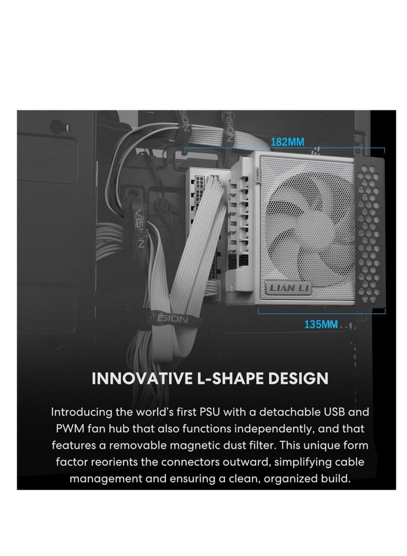 ليان لي امداد طاقة معياري كامل بقدرة 1000 واط (يتضمن موزع USB بمروحة) - ذهبي - ATX 3.1 - دعم PCIE 5.1 - موصل 12 فولت - 2 × 6 - تصميم على شكل حرف L للحافظة المزدوجة - ابيض (EG1000G.WH) - Image 4