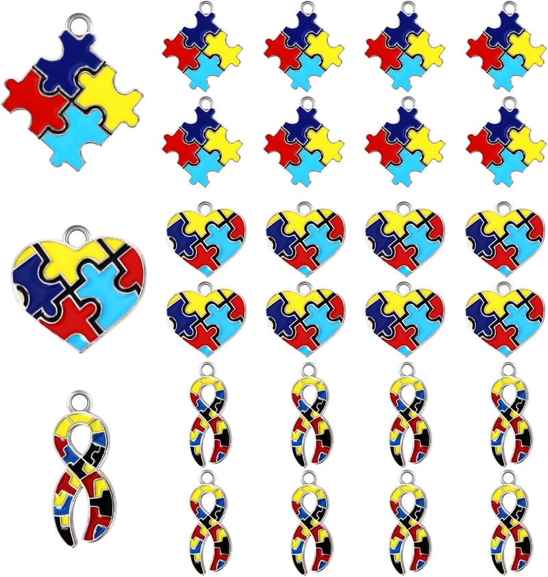 klarako 24 Pieces Autistic Awareness Pendants Ribbon Heart Square with Puzzle Shape Charms for DIY Jewelry Necklace Bracelet Key Chain Crafts Decorations Making Supplies - Image 1