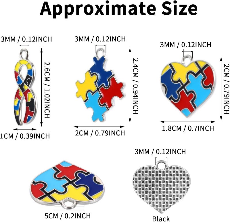 klarako 24 Pieces Autistic Awareness Pendants Ribbon Heart Square with Puzzle Shape Charms for DIY Jewelry Necklace Bracelet Key Chain Crafts Decorations Making Supplies - Image 2