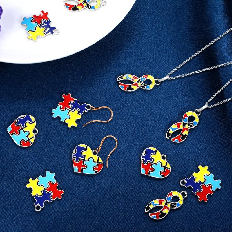 klarako 24 Pieces Autistic Awareness Pendants Ribbon Heart Square with Puzzle Shape Charms for DIY Jewelry Necklace Bracelet Key Chain Crafts Decorations Making Supplies - Image 3