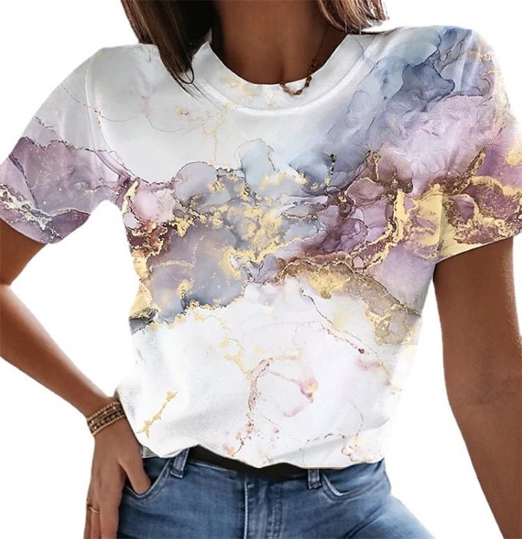 2022 spring and summer new cross-border foreign trade European and American fresh and sweet round neck romantic floral print short-sleeved women's T-shirt 3 XL - Image 1