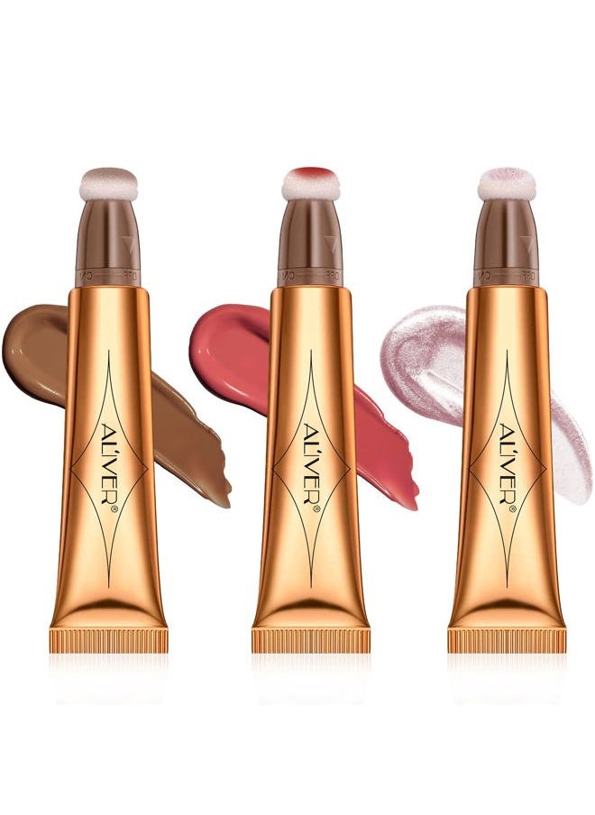 AIQIUSHA Contour Stick,Highlighter Makeup Stick,Beauty Liquid Blush for Cheeks Eyes Lips with Cushion Applicator,Moist Smooth Lightweight Breathable,Smooth Natural Matte Finish(Contour+Cherry Red+Celestral)  - Image 1