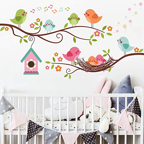 ROFARSO Colorful Cute Cartoon Lovely Birds Singing On The Branch with Flowers Wall Stickers for Kids Removable Wall Decals DIY Decorations for Nursery Baby Boys Girls Bedroom Playroom Living Room