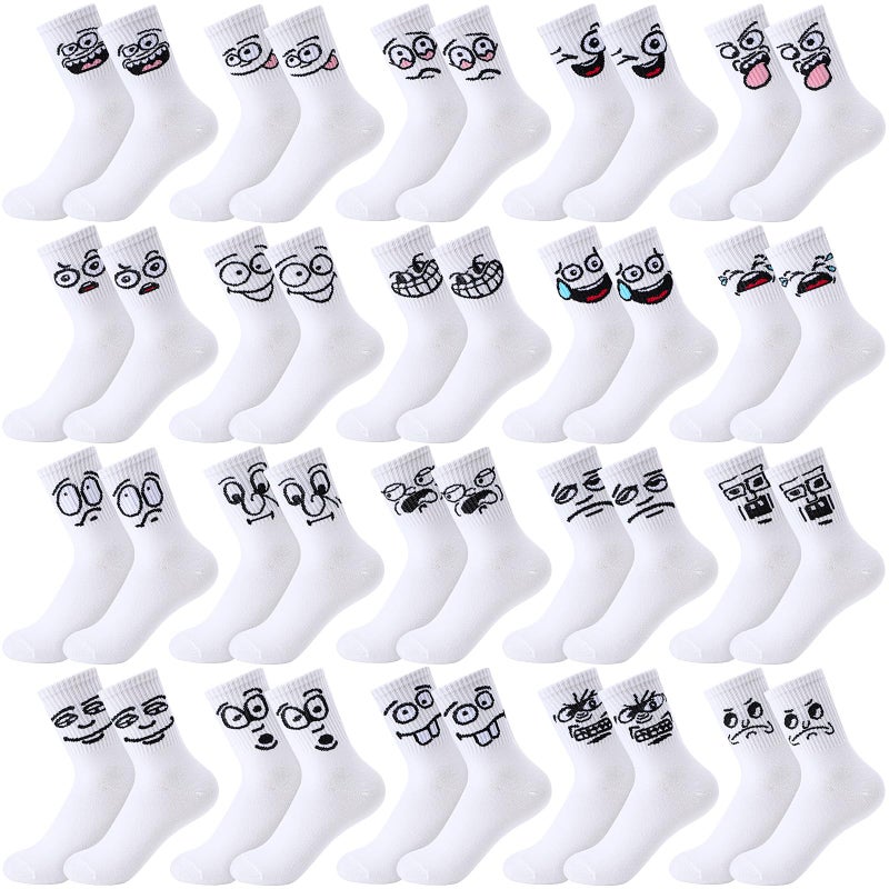 Cuffbow 20 Pack Crazy Funny Emotion Socks for Women Crew Soft Cotton Socks, 20 Different Fun Designs, White, M - Image 1