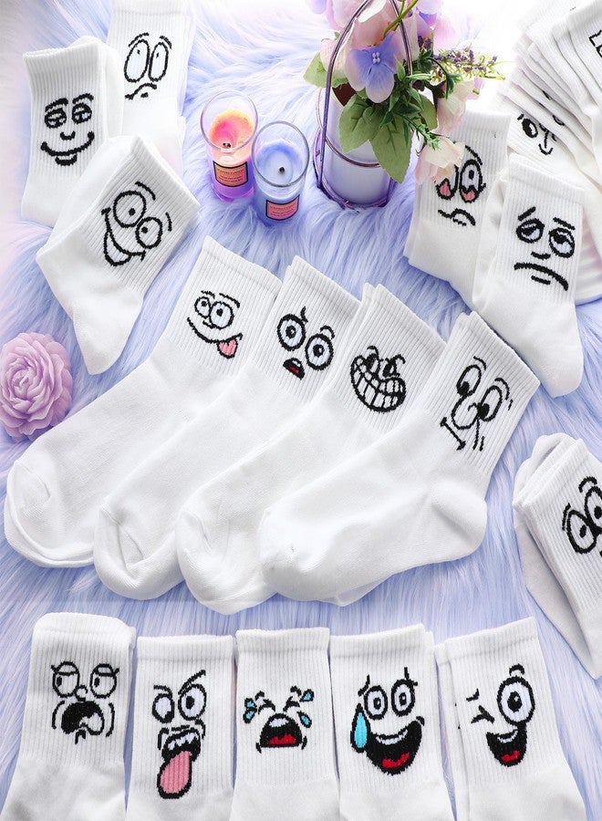 Cuffbow 20 Pack Crazy Funny Emotion Socks for Women Crew Soft Cotton Socks, 20 Different Fun Designs, White, M - Image 2
