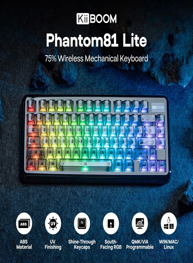 KiiBOOM Phantom81 Lite 75% Gasket Mechanical Keyboard, QMK&VIA Programmable, 3 Modes Wireless Gaming Keyboard, RGB Backlights, ABS Case + UV Tech, Hot-Swappable for Windows/Mac/Linux (Black) - Image 2